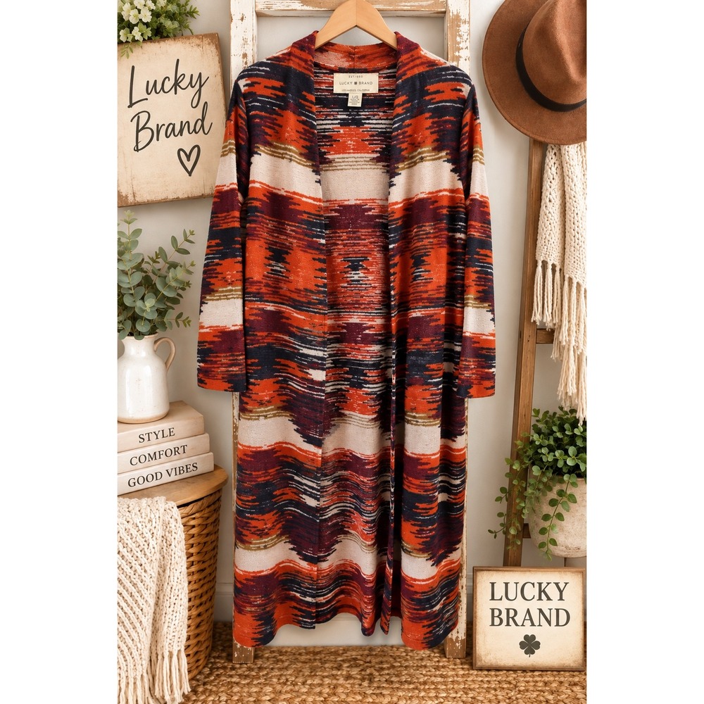 Lucky Brand Southwestern Duster Cardigan Orange Navy Geometric Long Sweater L/G